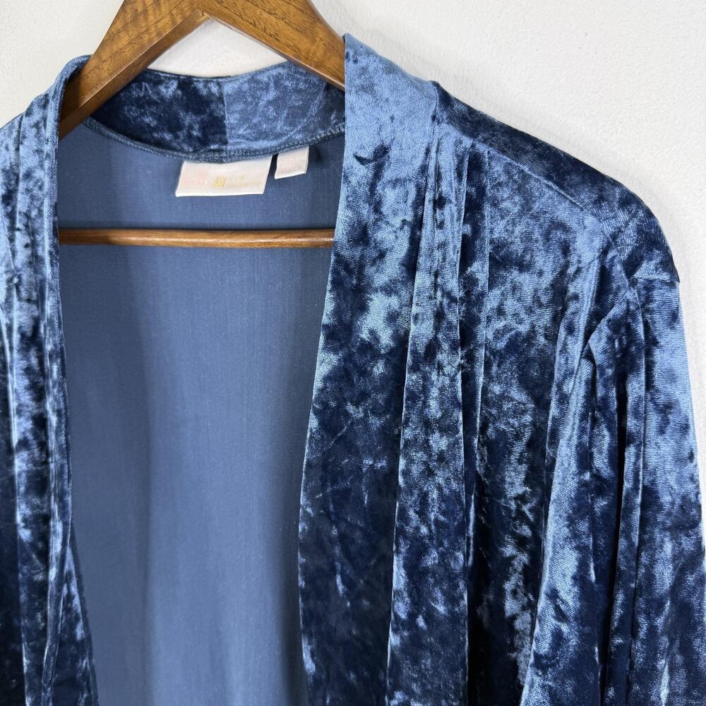 Belle Kim Gravel Blue Velvet Cardigan Sweater Womens Large Open Front Pockets
